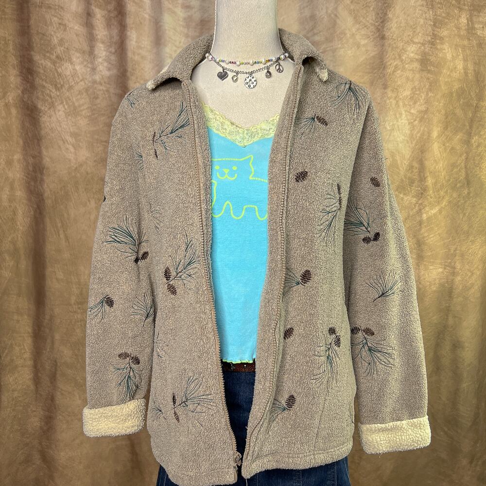 Vintage Fleece Jacket 90s Embroidered Pine Cone Zip Up Tan Cabincore Woodland